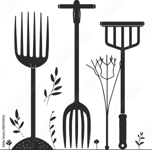 Traditional farming tools illustration, monochrome, flat design 2