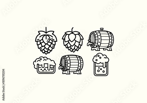 Vector Design Icon Concept Detailed Black and White Line Art Beer Barrel and Beer Glass Illustrations.