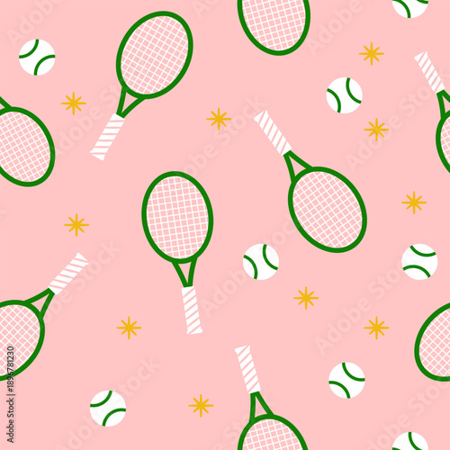 Tennis rackets and balls on a pink background.