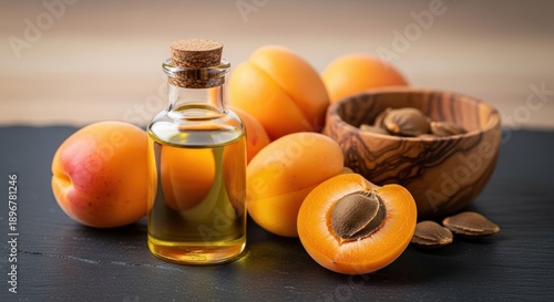Wallpaper Mural A glass bottle of golden apricot oil stands beside fresh ripe apricots and a wooden bowl of kernels, representing natural nourishment and beauty. Torontodigital.ca