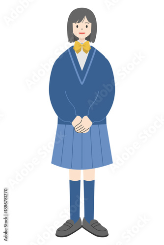 制服を着て立つボブヘアの女子高校生の全身イラスト