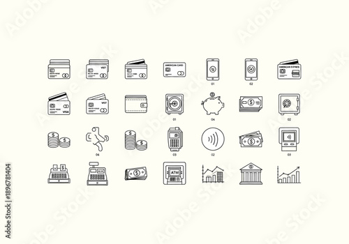 Vector Design Icon Concept Detailed line art financial icons - credit cards, mobile payment, money, banking, ATM, wallet, and transaction symbols.