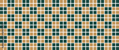 Seamless geometric pattern featuring rounded squares in dark forest green and mustard gold, ideal for modern textile design or website backgrounds in a minimalist vector style.