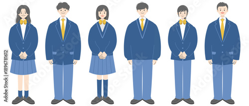 制服を着て立つ男女6人の高校生の全身イラスト｜セット
