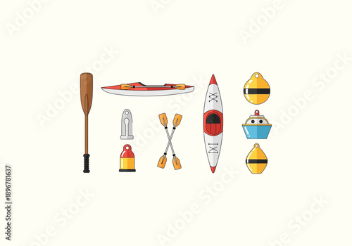 Vector Design Icon Concept Detailed Vector Illustration of a Red and White Kayak with Paddles and Buoys.