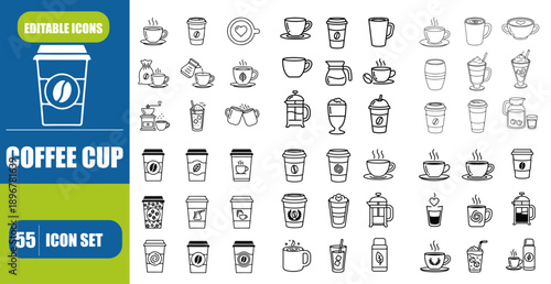 Coffee Cup Line Icon Set – Paper Cup, Disposable Drink & Mug Editable Stroke Vector Illustration
