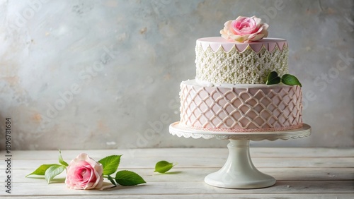 Elegant Two-Tiered Cake with Delicate Rose Decoration on a White Cake Stand