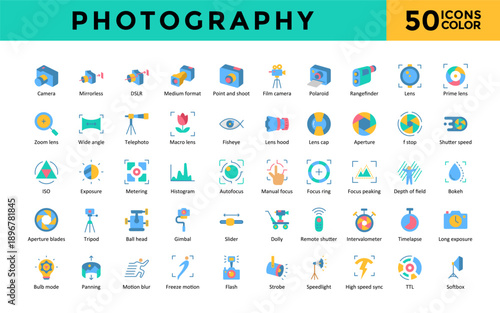 Photography icons set with camera, mirrorless, behind the scenes, exposure, metering, histogram icon. Simple color vector 
