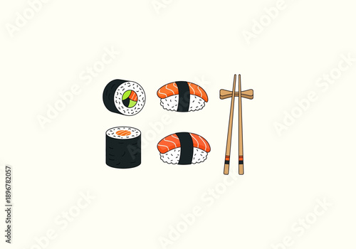 Vector Design Icon Concept Delicious Sushi and Chopsticks Illustration with Salmon, Rice, and Seaweed Details.