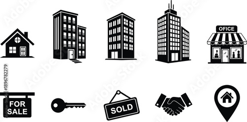 Real Estate Buildings icon set With Sold Sign Property Market Illustration
