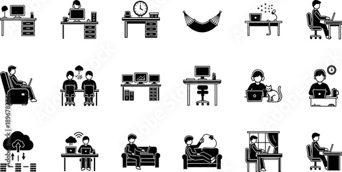 Remote work icon set, black vector silhouettes, work-from-home desk laptop cloud collaboration couch hammock cat coffee headset, digital lifestyle illustration
