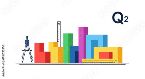 Urban Architecture, Business Planning, and Q2 Reporting Concept. Colorful Bar Chart Skyline with Drafting Tools Vector Illustration.