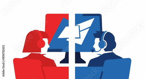 Stylized Customer Service Concept Illustration: Male and Female Call Center Agents with Headsets