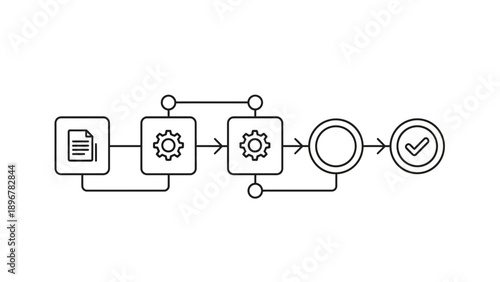 Business process flowchart with gears and checkmark icon, workflow diagram
