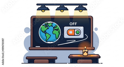 Earth on school blackboard with turn off switch under classroom lighting