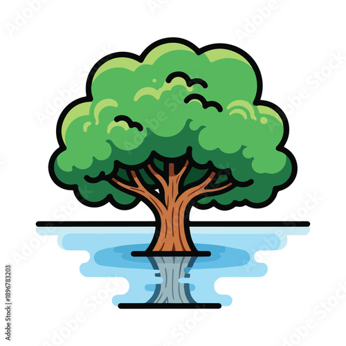 A cartoon tree with green leaves and brown trunk in water