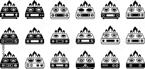 Gas stove icon set, black silhouette vector, burner flame knob designs, kitchen appliance symbols, cooking equipment illustrations, modern stove graphic elements