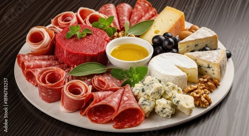 Wallpaper Mural Artfully arranged charcuterie board showcasing assorted meats, cheeses, olives, nuts and herbs for a gourmet gathering Torontodigital.ca