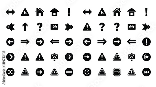 Collection of black road signs and symbols in a flat silhouette