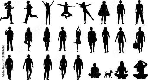 Human activity silhouette set, black vector icons, walking running sitting yoga dancing poses, dog interaction figures, lifestyle movement illustration, posture design elements