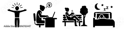A comprehensive set of simple black and white vector icons illustrating a person's typical daily routine, from the energizing morning wake-up and focused work to relaxing leisure time and peaceful nig