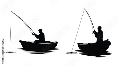 Two fishermen in boats a striking black silhouette