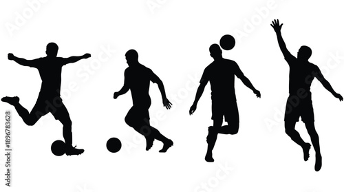 Four figures depicting soccer actions in a black silhouette