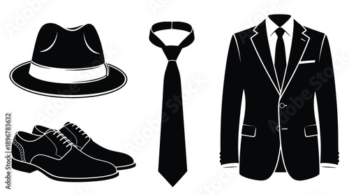 Formal menswear arrangement including hat tie suit and shoes silhouette