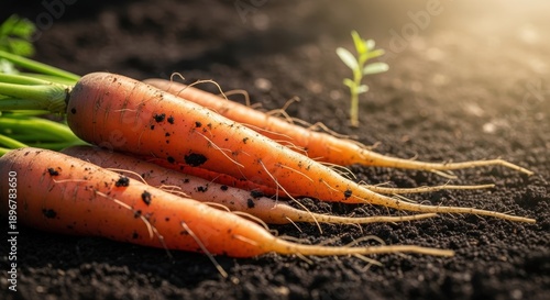 Wallpaper Mural Freshly Harvested Carrots Lying in Rich Garden Soil with a Small Green Sprout Growing Nearby Torontodigital.ca