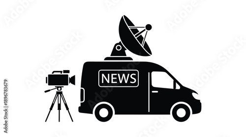 News van with satellite dish and camera a striking silhouette