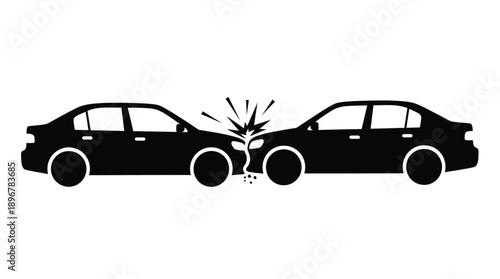 Two cars colliding head on depicted in stark black silhouette