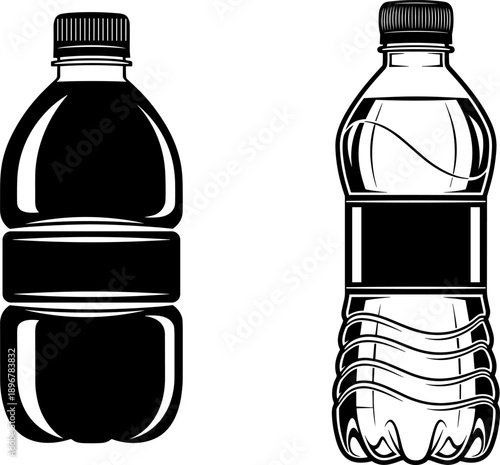 Plastic bottle silhouette set, packaging design icons, black and white vector, screw cap containers, ergonomic bottle shapes, product branding illustration