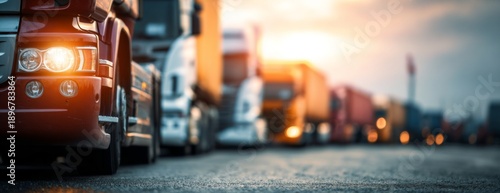 Lines of trucks parked in parking lot during sunset  