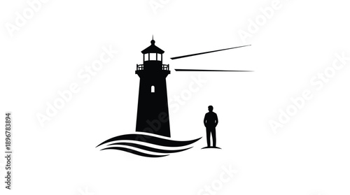 A coastal lighthouse and a lone figure stark black silhouette