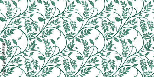 Seamless green botanical pattern with flowing leaves and delicate vine branches. Repeating nature illustration ideal for wallpapers, textiles, packaging, and fresh decorative backgrounds. 