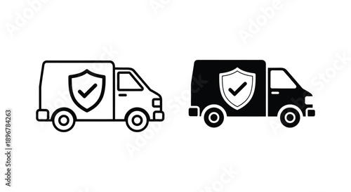 Delivery truck icons featuring a shield and checkmark for guaranteed shipping safety