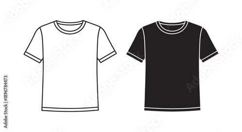 Simple outline and solid silhouette graphic of classic crew neck short sleeve t-shirts