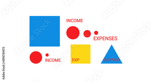 Personal Finance Infographic: Visualizing Income, Expenses, and Savings Balance with Colorful Geometric Shapes and Budgeting Concepts