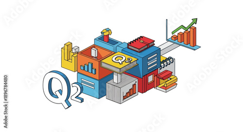 Isometric Q2 Business Structure. Second Quarter Financial Data Analysis and Growth Strategy Report Concept.