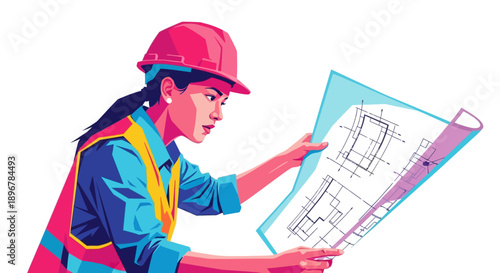 Professional Female Architect or Engineer in Hard Hat Reviewing Blueprints. Pop Art Vector Illustration of Woman Analyzing Building Plan.
