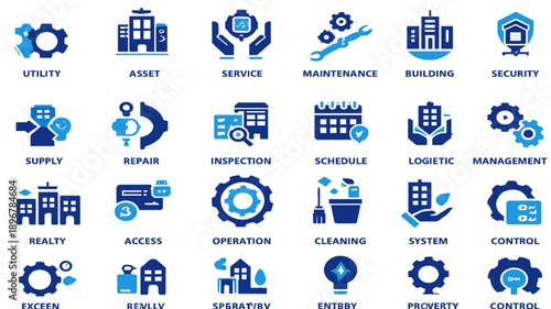 Facility & Infrastructure Management Icons – Blue & White Grid