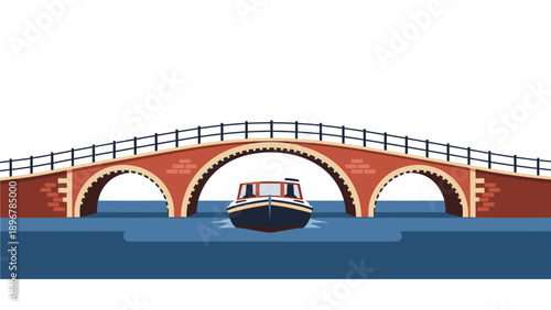Illustration of a boat passing under a brick arch bridge with railings on a blue waterway.
