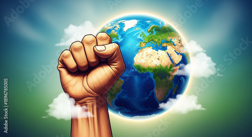 Raised fist supporting earth globe with clouds and sun rays symbolizing environmental activism and hope