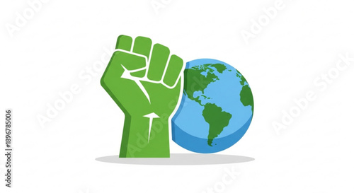Green clenched fist with white arrow rising beside a blue and green globe on white background symbolizing eco friendly activism and global unity