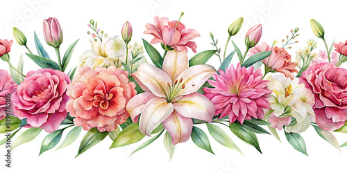 Pink and white flowers with green leaves on black background 1