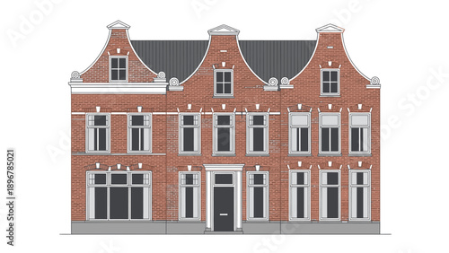 A large red brick building with white trim and a black roof against a white background.