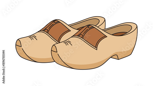 A pair of traditional wooden shoes with brown straps on a plain white background in a digital illustration.