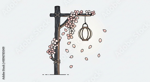Falling cherry blossoms surround a lantern on a wooden post in spring