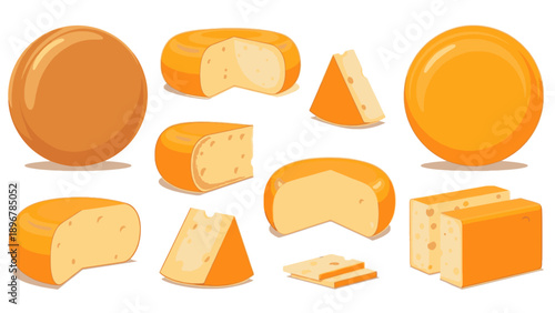Illustration of various types and slices of cheese on a white background in a flat lay composition with warm golden tones.