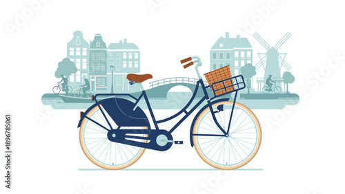 Illustration of a blue bicycle with a brown basket and wheel rims against a light blue cityscape background with buildings and a windmill.